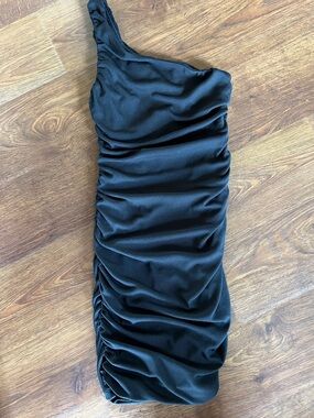 Hello Molly Black One Shoulder Ruched Bodycon Mini Dress Size S